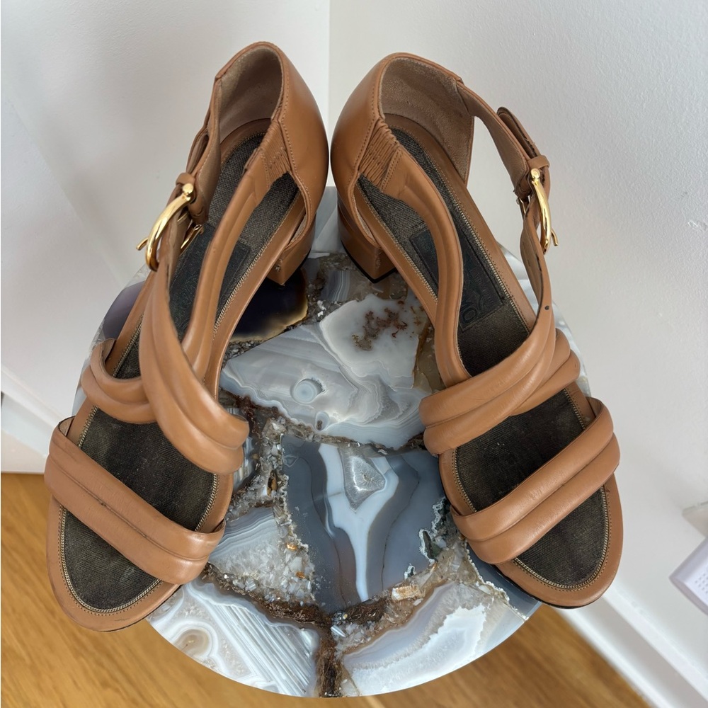 Ferragamo Tan Leather Strappy Block Heels